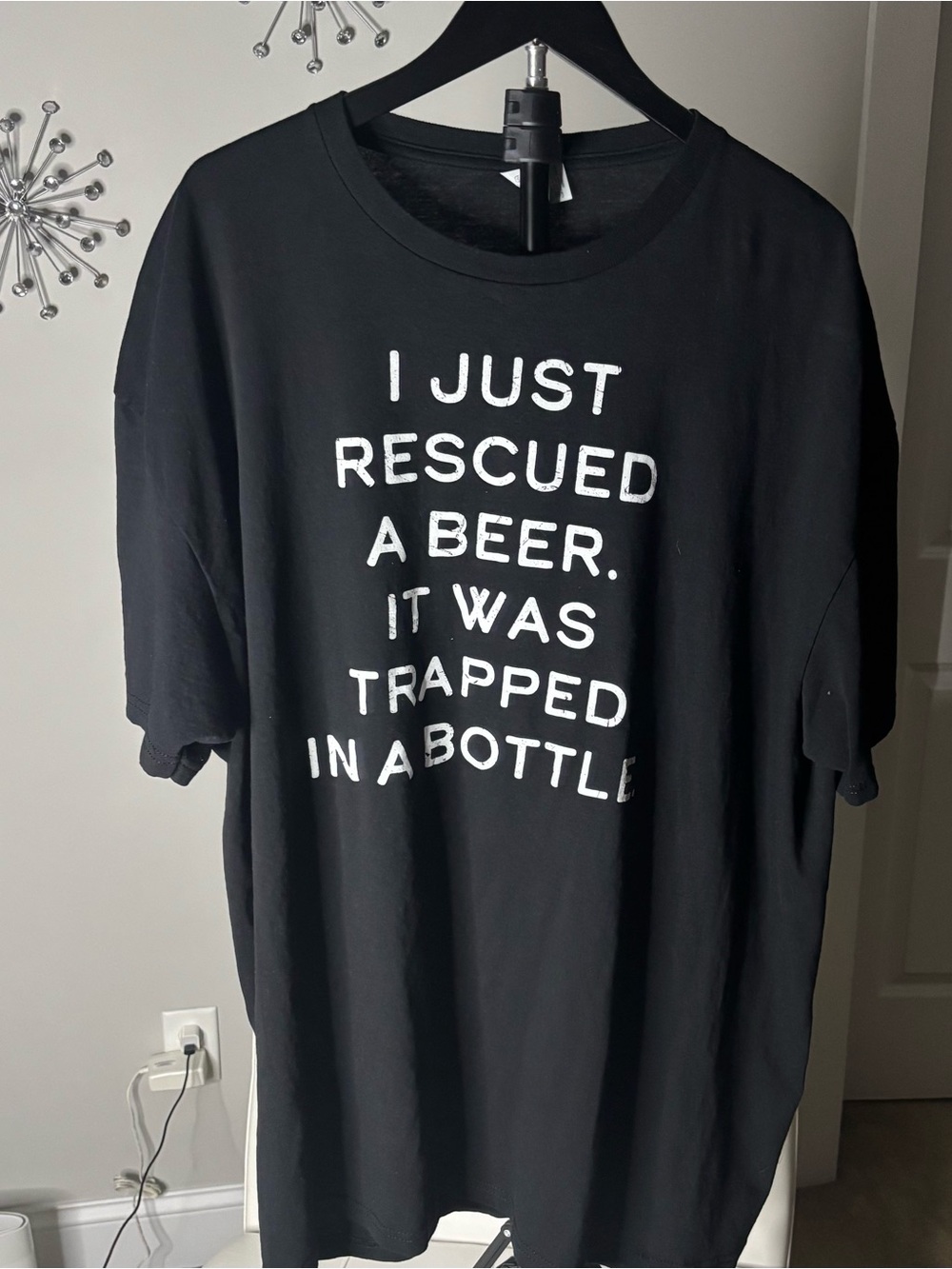 Black Graphic Tee with White Rescue Beer Slogan